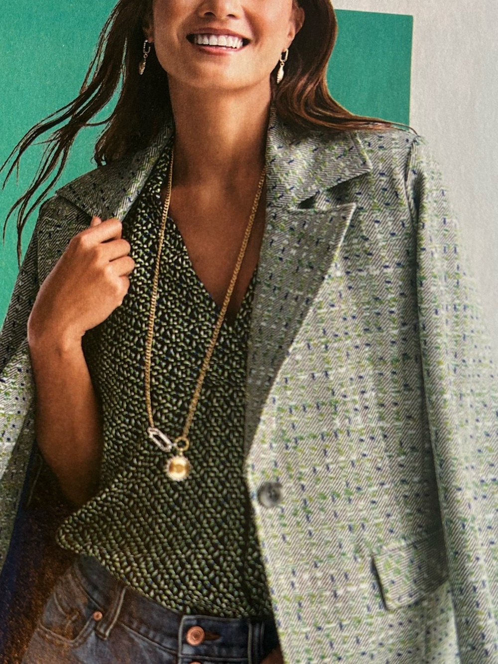 Cabi replay top in shades of green blue black and white XS